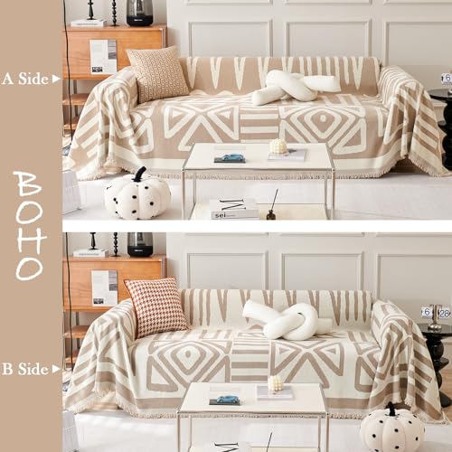 Sofa Covers for Sectional Sofa Set Boho Couch Cover for Dogs Khaki Throw Couch Cover with Tassel Loveseat Covers Futon Cover L Shaped Cover Washable Chenille Couch Protector (91" x 134" / T:khaki)
