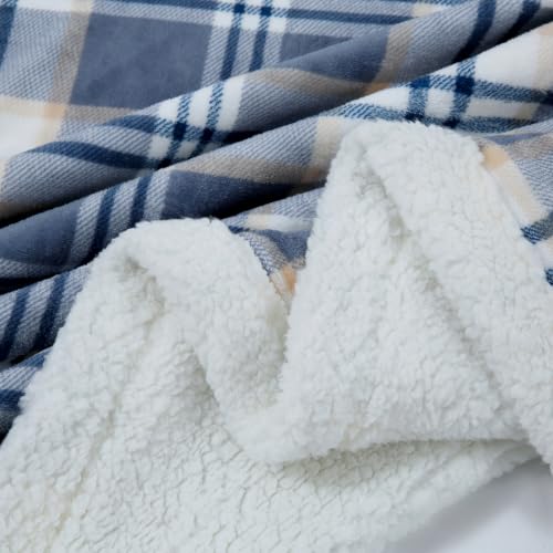 Sherpa Blanket Twin Plaid Thick Bed Blanket (Blue White Check / 60"*80")
