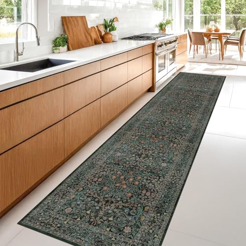 Dark Green Washable 3x16 Extra Long Runner Rug for Hallway Non Slip (Dark Green / Black / 3' x 16' (Runner))