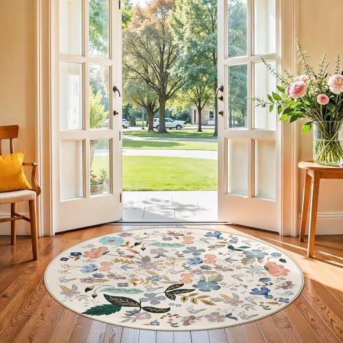 Washable Floral Round Rugs for Bedroom (4' (Round) / Cream/Floral)