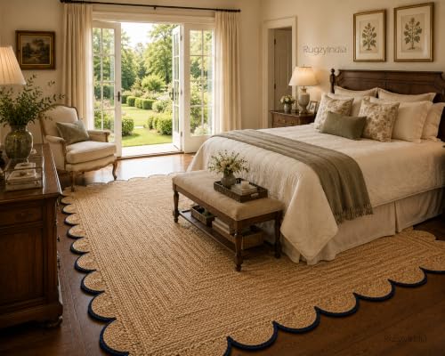 Scalloped Natural Jute Area Rug 8x10 Ft (8'x10' / Navy)