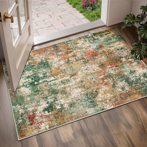 Washable 3'x5' Abstract Area Rug for Living Room Green Multi (Green/Orange/Red/Blue / 3' x 5' (Rectangular))