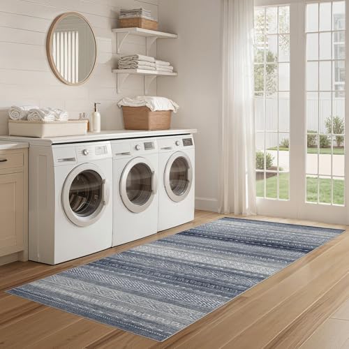 Boho 2x6 Runner Rug Machine Washable Rugs Non Slip Denim Blue (Denim Blue / 2' X 6' (Runner))