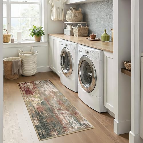 Washable 2'x5' Abstract Area Rug for Living Room Rustic Brown (Rust Red/Green/Blue/Multi / 2' x 5' (Rectangular))