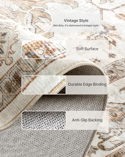 Amada 6x9 Washable Area Rug for Dining Room (6' x 9' (Rectangular) / Distressed Beige/Cream)
