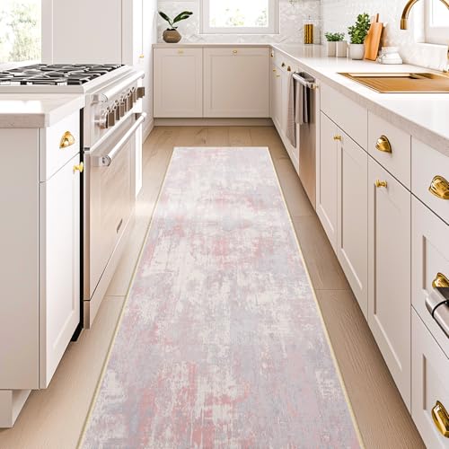 Washable Runner 2'x10' Abstract Area Rug for Hallway Gray Pink (Gray/Pink / 2' x 10' (Runner))