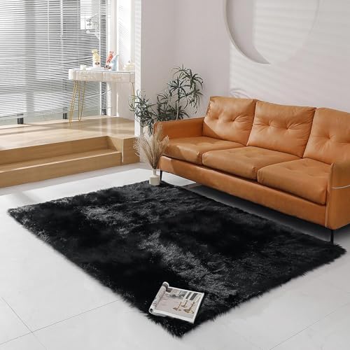 Faux Fur Rug Sheepskin Shag Fluffy Fuzzy Beige 5x7 ft Rugs for Bedroom Bedside Bed Floor Living Room Plush Rectangle High (5' x 7' (Rectangular) / Beige)