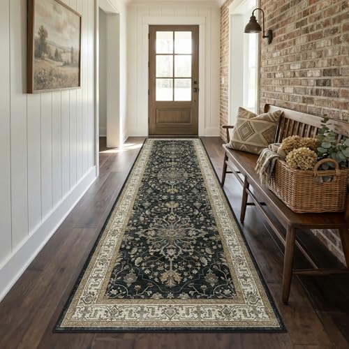 Washable Area Rug (Black/Vintage/Beige / 2' x 8' (Rectangular))