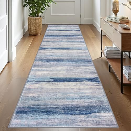 Modern Abstract Washable Rug Runner 2.6x10 Hallway Rug Runner Non (Blue/Grey/Beige / 2'8" x 10' (Runner))