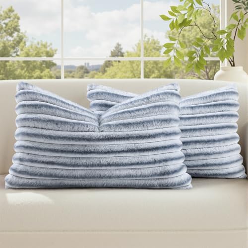 Fall Faux Fur Throw Pillow Covers 12x20 Set of 2 Grey White (Grey White / 20" x 12" (Pack of 2))