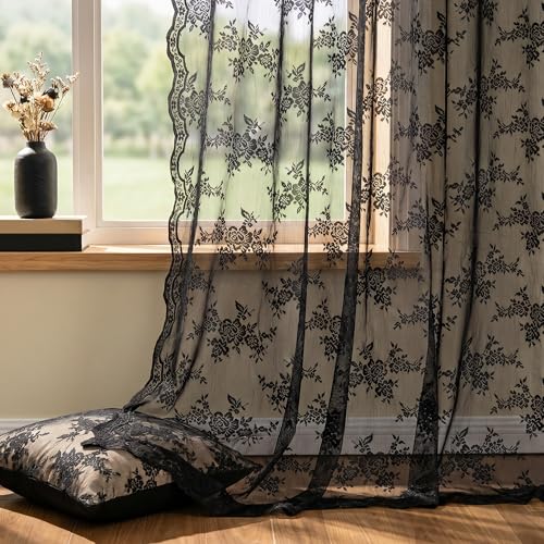 Black Lace Curtains 54 Inch Length Short Victorian Sheer Curtains (#2 Black / 50"W x 54"L (Pack of 2))