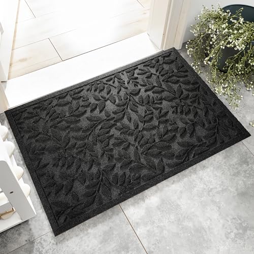 Black Leaves Outdoor Indoor Entrance Doormats (Leaves-black / 1'11" x 2'11" (Rectangular))