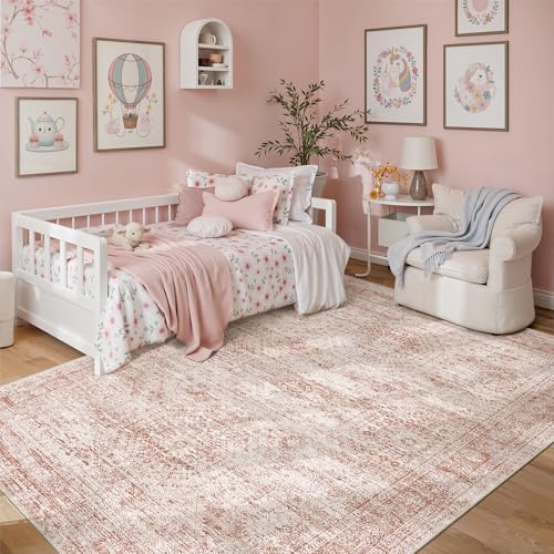 5x7 Area Rugs Pink Low Pile Washable Trendy Faded Style Rug (Pink / 5' x 7' (Rectangular))
