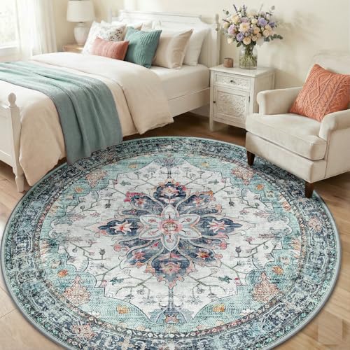 Washable Area Rug (Teal Green/White/Navy / 6' (Round))