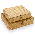 Set of 2 Flat Woven Wicker Storage Bins with Lid Seagrass Basket Box (Small+Large / Caramel)