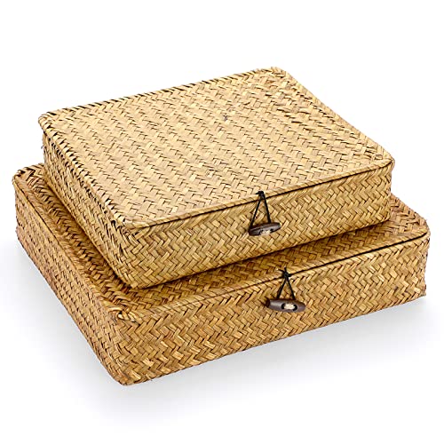 Set of 2 Flat Woven Wicker Storage Bins with Lid Seagrass Basket Box (Small+Large / Caramel)