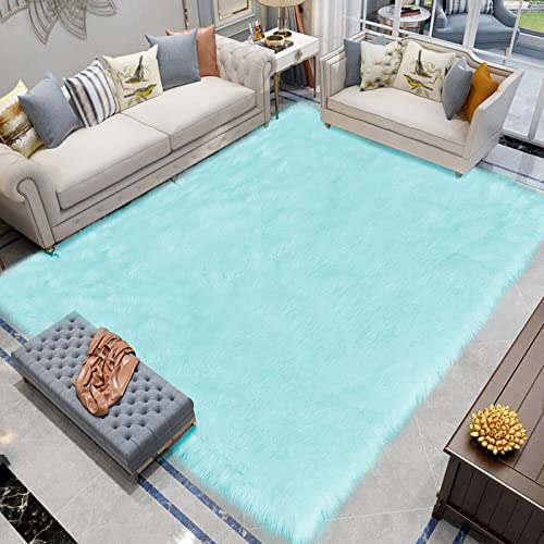Light Blue Area 8x10 Faux Sheepskin Fur Rug Teal Rugs for Living Room Bedroom Throw Fuzzy Rug Shaggy Rugs Cute Luxury Home Decor (8' x 10' (Rectangular) / Light Blue)