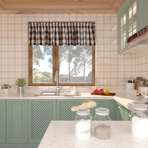 Buffalo Check Plaid Valances Gingham 1 Pack Tiers Rod Pocket Coffee and White Farmhouse Short Curtains For Windows Treatment Decor Small Curtains Over Sink For Kitchen (54"W x 10"L (Pack of 1) / Coffee and White)