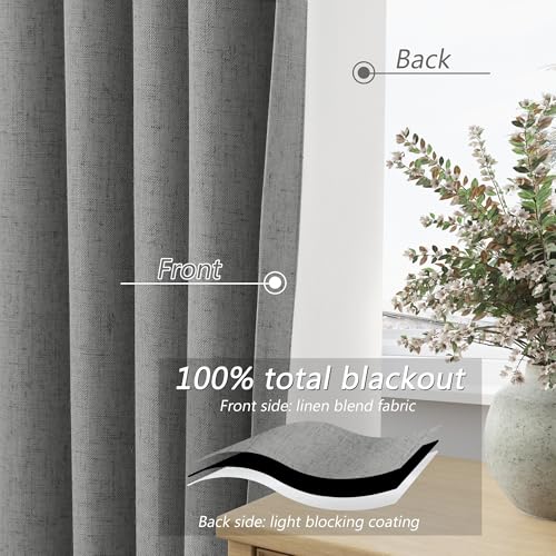 100% Blackout Linen Curtains 72 Inch Length 2 Panels Set for Living Room Bedroom Back Tab Thermal Insulated Black Out Linen Drapes Room Darkening Window Curtains (Dark Grey / 52"W x 72"L (Pack of 2))