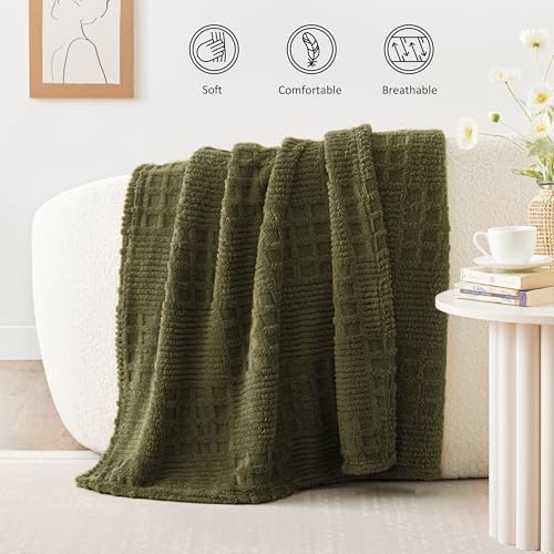 Green Fleece Throw Blanket for Couch or Bed Waffle Pattern Decor (02-moss Green / Throw)