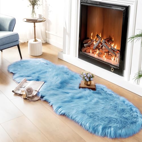 Ultra Soft Faux Sheepskin Fur Rug 2x6 Feet Fluffy Rug for Bedroom (2' x 6' (Sheepskin) / Sky Blue)