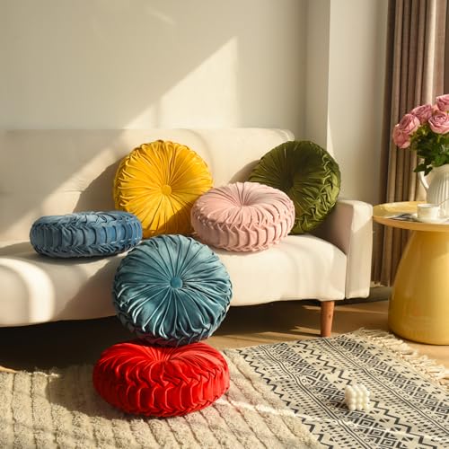 Set of 2 Dusty Blue Velvet Decorative Round Pleated Throw Pillows (Dusty Blue)