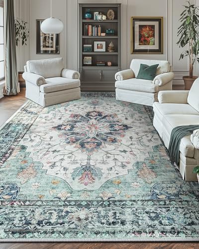 Washable Area Rug (Teal Green/White/Navy / 10' x 14' (Rectangular))