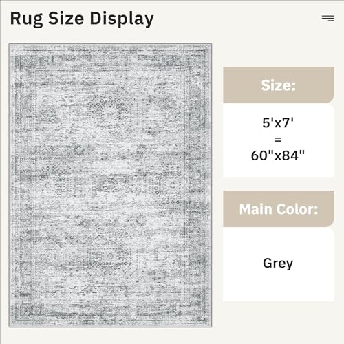 5x7 Area Rugs Grey Low Pile Washable Trendy Faded Style Rug (Grey / 5' x 7' (Rectangular))