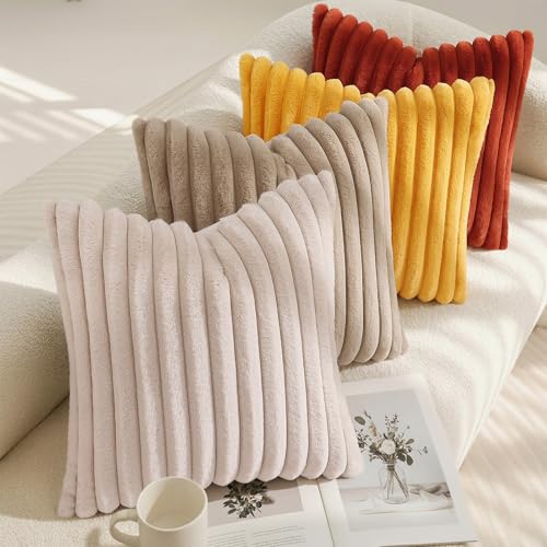 Fall Faux Fur Throw Pillow Covers 16x16 Set of 2 Khaki Brown (Light Khaki Brown / 16" x 16" (Pack of 2))