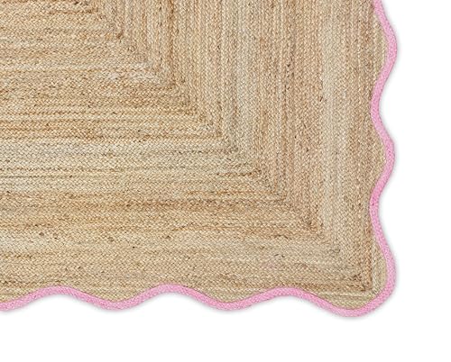 Wave Scalloped Natural Jute Runner Rug Boho Jute Rug Hallway Entryway Runner Rug (Light Pink / 2'x10' (Runner))