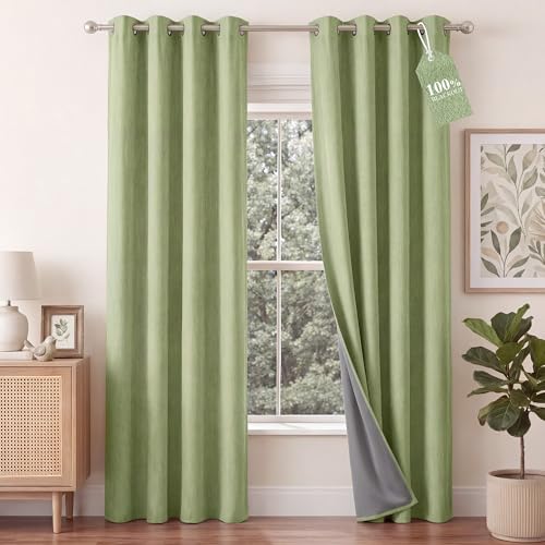 100% Absolutely Blackout Linen Curtains for Bedroom Living Room (52"W x 84"L (Pack of 2) / Olive Green)