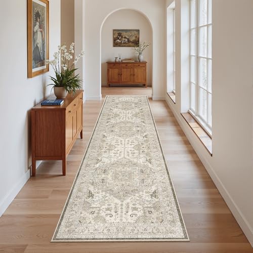 Hallway Runner Rug 2x8 Washable Kitchen Rugs Non (Ivory/Brown / 2' x 8' (Runner))