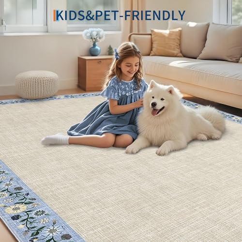 Entryway Rug 2x6 Modern Bordered Runner Rug Washable Kitchen Runners for Hallway Non (Beige/Blue / 2' x 6' (Rectangular))