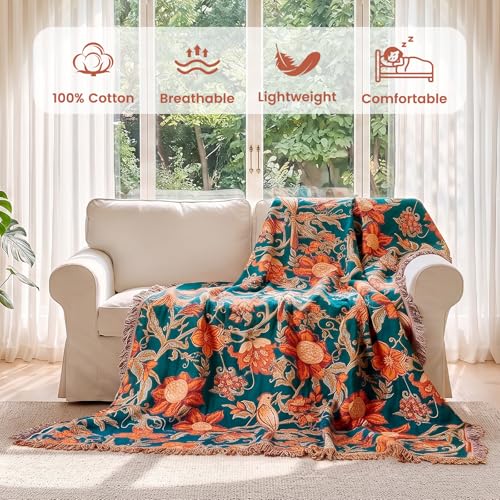 Boho Throw Blanket 50"x60" Cotton Bird Floral Blanket for Couch (Floral and Birds / 50"x60")