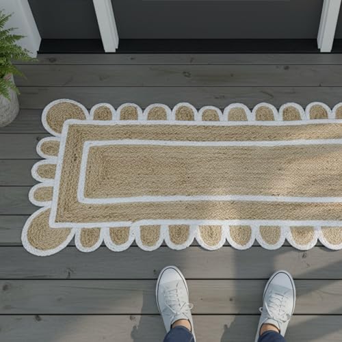 Scalloped Natural Jute Area Rug Handwoven Boho Farmhouse Rug for Living Room (White / 2'6" x 8' (Runner))