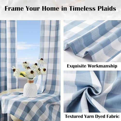 Dusty Blue White Buffalo Plaid Semi Sheer Curtain Panels 84 Inch (Blue/White / 52"W x 84"L (Pack of 2))