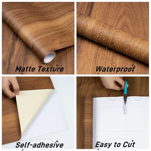 Wood Contact Paper Peel and Stick Thicken Wood Grain Wallpaper with Tools (Brown Black / 15.7" x 393")