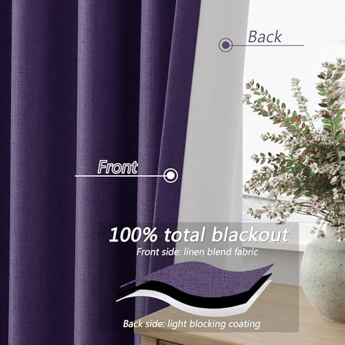 New Purple 100% Blackout Linen Curtains 96 Inch Length 2 Panels Set for Living Room Bedroom Back Tab (New Purple / 52"W x 96"L (Pack of 2))