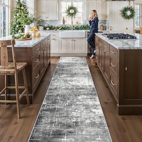 Abstract 14ft Long Runner Rug (2'6" x 14' (Rectangular) / Black/Grey)