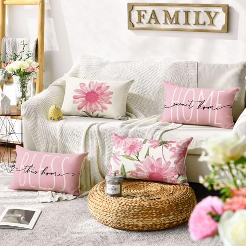 Home Sweet Home Spring Summer Flowers Pink Throw Pillow Covers (Pink / 20" x 12" (Pack of 4))