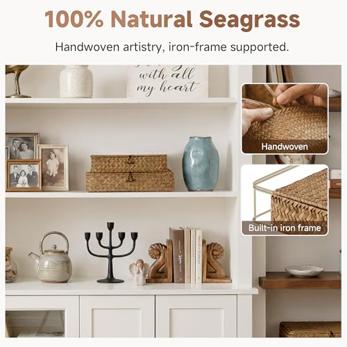 Wicker Basket with Lids (Brown(Seagrass) / 12¾"L x 11¼"W x 3"H + 11"L x 9¼"W x 2½"H)