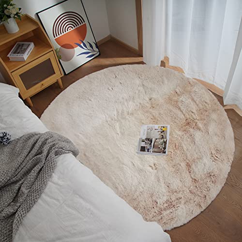 Faux Rabbit Fur Round Rug 6ft Light Brown Beige Round Rugs for Bedroom Decor Fluffy Area Rugs for Living Room (Beige / 6' (Round))