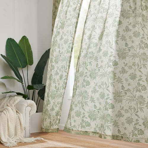 Green Floral Linen Curtains 96 Inch Vintage Back Tab 2 Panels (*Jacobean Sage Green on Beige / 50"W x 96"L (Pack of 2))