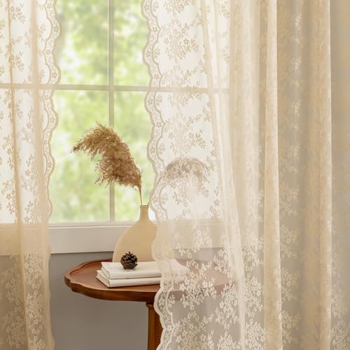 Vintage Lace Curtains 63 Inch Length Antique Chic Floral Beige Sheer Curtain Panels with Scalloped Edges for Bedroom Dining Room Rod Pocket French Country Crochet Drapes W52 X L63 2 Panels (Beige / 52"W x 63"L (Pack of 2))