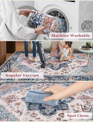 2x6 Washable Non Slip Boho Runner Rug for Hallway (Blue/Orange / 2' x 6' (Runner))