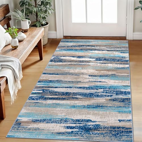 Abstract Area Rug 3x5 Washable Entryway Rug Non Slip Kitchen Rugs (Blue Aqua/Beige Taupe Multi / 3' x 5' (Rectangular))