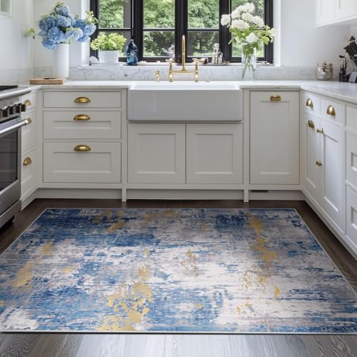 Washable 4'x6' Abstract Area Rug for Living Room Blue Gold (Blue/Gold / 4' x 6' (Rectangular))
