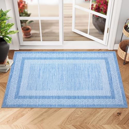 Modern Geometric Area Rug 2x3 Distressed Bordered Washable Non Slip Floor Small Carpet Non Shedding Thin Soft Low Pile Rug (Light Blue / 2' x 3' (Rectangular))