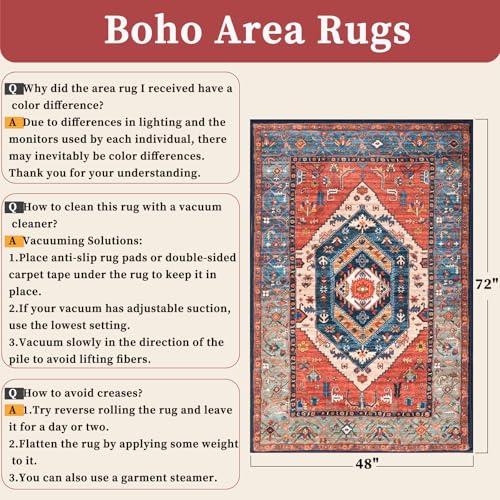 4x6 Washable Non Slip Boho Area Rug for Bedroom (Rust/Multi / 4' x 6' (Rectangular))
