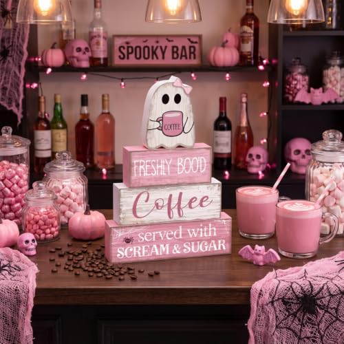4 Pcs Pink Halloween Table Decorations Coffee Ghost Wooden Blocks (Cute Coffee Ghost)